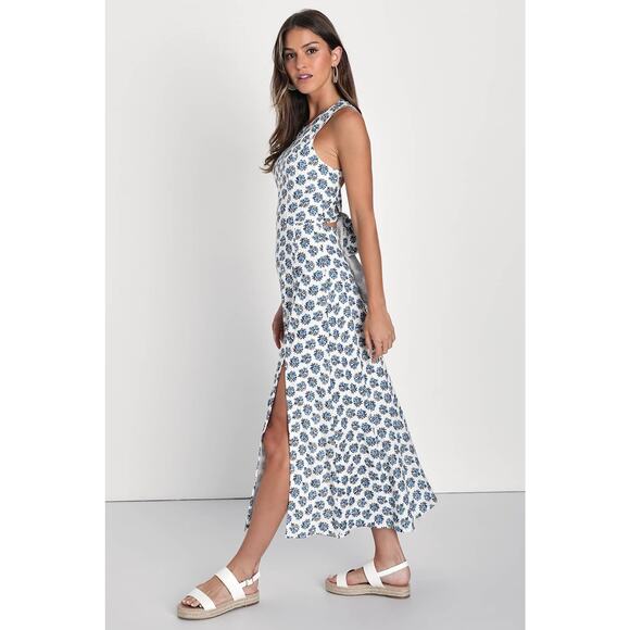 NWT Lulus Flirty Fave Ivory Floral Print Tie-Back Midi Dress Bohemian Summer L - Picture 1 of 8